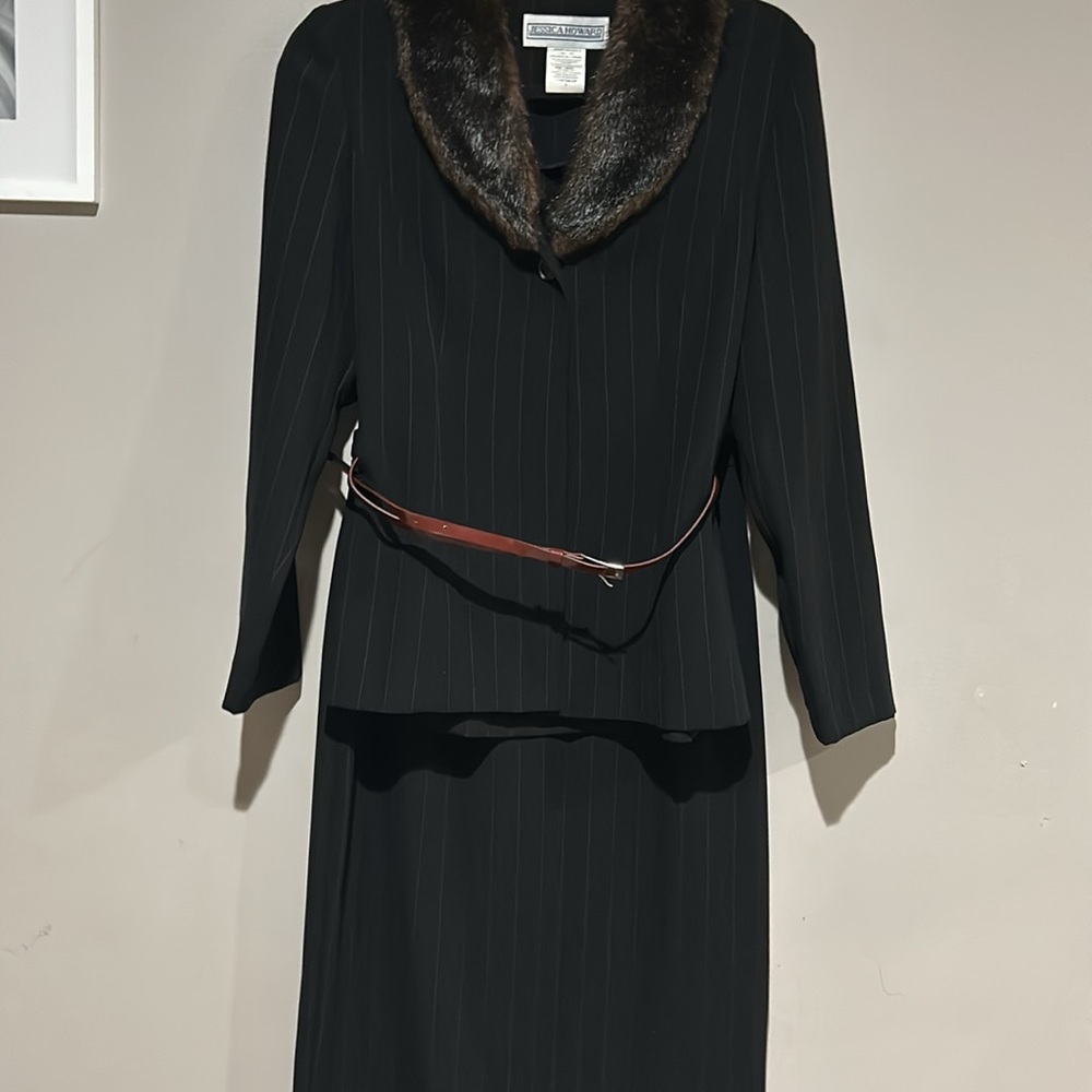 Chic Black Pinstripe Coat with Fur Collar, matching skirt and (added)belt